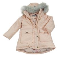 Světlerůžová šusťáková zimní parka s nášivkou a volánky a kapucí s kožešinou TED BAKER