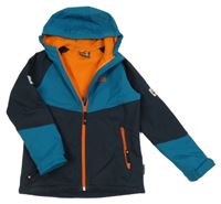 Tmavomodro-modrozelená softshellová bunda s logem a kapucí Jack Wolfskin