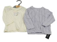 Nové - 2Set - Levandulový vzorovaný propínací svetr + smetanové triko s králíčkem a volánkem St. Bernard