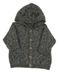 Tmavošedo-biely melírovaný rebrovaný prepínaci sveter s kapucňou s uškami George