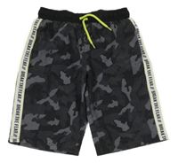 Čierno-sivé army šušťákové funkčné kraťasy s pruhom s nápismi ERGEENOMIXX