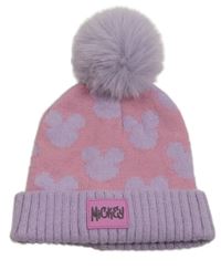 Růžovo-lila pletená čepice s Mickeym a bambulí Primark