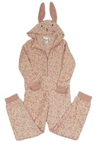 Růžová chlupatá kombinéza se srdíčky a kapucí s oušky - králík H&M