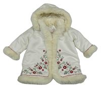 Biela zateplená bunda s výšivkami květů a kapucňou H&M