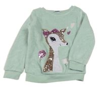 Svetlozelená chlpatá mikina so srnkou z flitrů Kiki&Koko