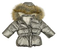 Šedá lesklá šusťáková zimní bunda s kapucí Tape A L'oeil