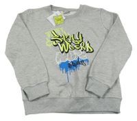 Nové - Sivá melírovaná mikina s graffiti nápisy Y.F.K.