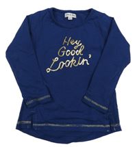 Tmavomodré triko s nápisem z flitrů