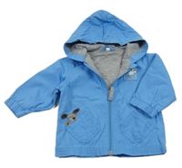 Modrá plátěná jarní bunda se psem a kapucí