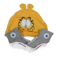 2set - Oranžová bavlněná čepice s Garfieldem + šedo-bílé ponožky s logem Converse