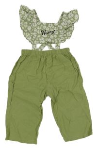 Zelené ľahké nohavice s trakami s kvetmi a volány Shein