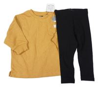 Nové - 2set - Medová oversize mikina s kapsou + čierne rebrované legíny Next