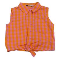 Oranžovo-ružový kockovaný košeľový crop top s uzlom George