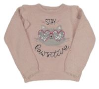 Svetloružový chlpatý sveter s mačkou a flitrami zn. Primark