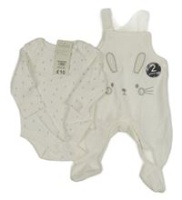 Nové - 2 set - bílé sametové dupačky s králíkem + bílé vzorované body Peacocks