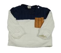 Bielo-tmavomodrá ľahká rebrovaná úpletová mikina s vreckom Shein