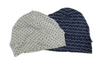 2x čepice - šedá s hvězdičkami + tmavomodrá vzorovaná 