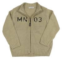 Béžový propínací svetr s nápisem 