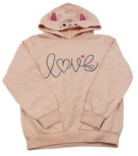 Světlerůžová mikina s nápisem a kapucí s kočkou 