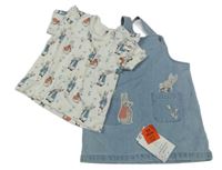 Nové - 2 set - světlemodré riflové laclové šaty s králíky + bílé tričko s králíky George