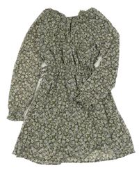 Khaki kvetované šifónové šaty H&M