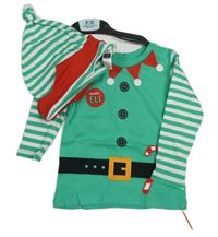 Nové - 2set - Zeleno-bílé triko s pruhy + čepice - ELF Dunnes Stores