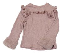 Růžové žebrované třpytivé triko s volánky a kožešinovými prvky River Island