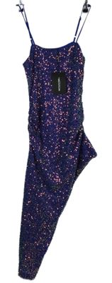 Dámské modré flitrové asymetrické šaty PrettyLittle Thing