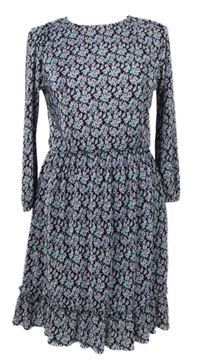 Dámské černo-fialovo-světlemodré kytičkované plisované šaty Miss Selfridge 