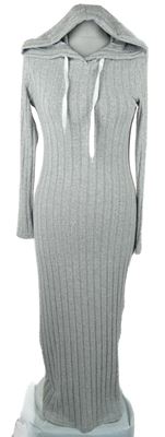 Dámske sivé rebrované pletené dlhé šaty s kapucňou
