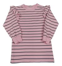 Světlerůžovo-černé pruhované teplákové šaty s volánky 