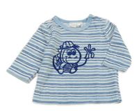 Světlemodro-bílé pruhované sametové triko s drakem Ergee