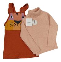 Nové - 2set - Světlerůžový žebrovaný svetrový rolák + Rezavo-hořčicovo-fialové svetrové laclové šaty Next