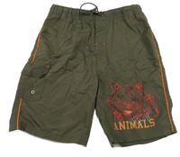 Khaki šušťákové široké kraťasy s tigrom a vreckom