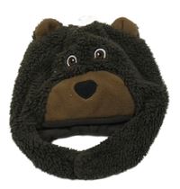 Nové - Kávová huňatá podšitá ušanka - medvěd 