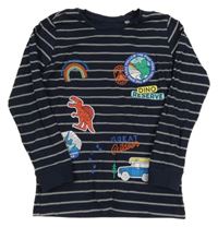 Tmavomodro-bílé pruhované triko s dinosaury C&A