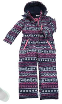 Tmavomodro-ružová vzorovaná šušťáková zimná kombinéza s kapucňou Topolino