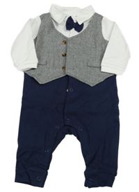 Tmavomodro-bílý společenský overal s motýlkem a vestou Next