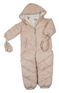 2set - Svetloružová šušťáková prešívaná zimná bodkovaná á kombinéza s kapucí+ rukavice F&F