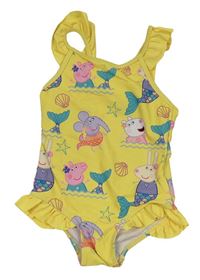 Žluté jednodílné plavky s Peppa Pig s kamarády a volánky Nutmeg