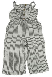 Bílo-černý pruhovaný lněný kalhotový culottes overal Matalan
