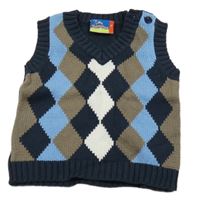 Tmavomodro-hnedo-modro-biela károvaná svetrová vesta Topolino
