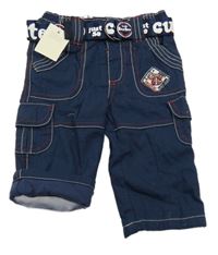 Nové - tmavomodré kockované cargo plátenné podšité nohavice s nášivkou a opaskom George