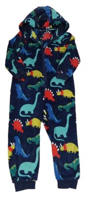 Tmavomodrá plyšová kombinéza s dinosaurami a kapucňou M&S
