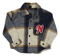 Tmavomodro-hnedo-svetlobéžová kockovaná košeľová bunda s písmenkom SHEIN