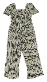 Smetanovo-čierny vzorovaný ľanový nohavicový overal s opaskom F&F