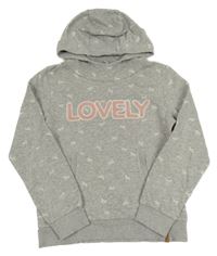 Sivá melírovaná mikina s nápisom a koníky a vreckom a kapucňou YIGGA