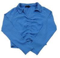 Modré žebrované crop triko s nařasením a límečkem New Look