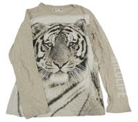 Béžové melírované tričko s tigrom a nápisom H&M