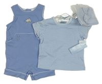 Nové - 3Set - Modré laclové kraťasy s lodí + pruhované tričko + čepice first impressions